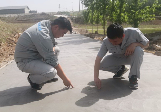 管理处土建专员在检查防汛路质量