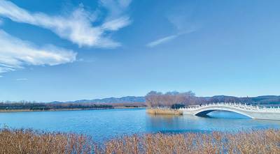 北京市南水北调团城湖调节池春景。团城湖调节池连接南水北调来水和密云水库两大水源，是京西重要供水枢纽。团城湖管理处爱国主义教育基地供图